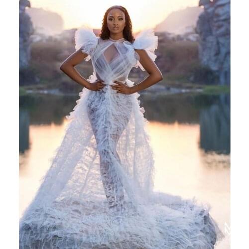 Chic Illusion White Ruffles Tiered Tulle Bridal Dresses A-line Long Wedding Gowns 2021 Newest Tulle Women Dresses