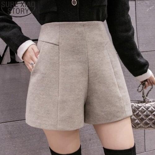 2021 New Casual Zipper Fly Wide Leg Shorts Fashion Woolen Shorts Women High Waist Winter Bottom Gray Short Feminino 12666