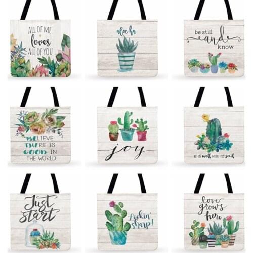 Fresh Green Plants Succulents Cactus Print Tote Bag For Women Casual Tote Fashion Shopping Bag Ladies Shoulder Bag Beach Bags