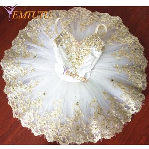 Women Professional Ballet Tutu White Gold Sleeping Beauty Performance Pancake tutu Dress Adult Ballet Stage Costume Custom Made