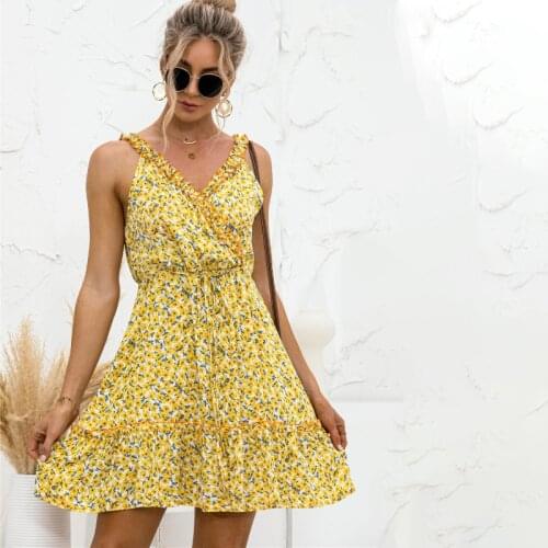 Sexy Floral Sleeveless Dress For Women Spaghetti Strap Mini Dress Lady Ruffles V Neck Beach Backless Sundress For Party Vacation