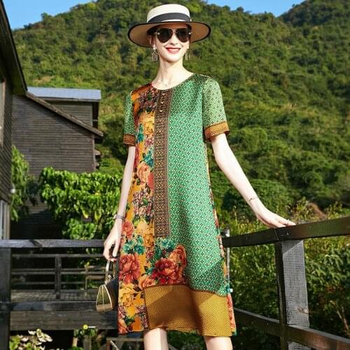 ZUOMAN Vintage 4XL Plus Size Midi Dress Spring Summer Loose Floral Mulberry Silk Dress Women Elegant Bodycon Party Vestido
