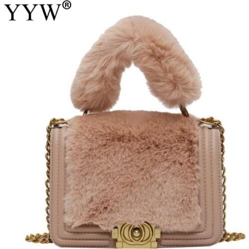 Winter Lady Luxury Soft Faux Fur Chain Crossbody Bag Designer Lock Plush Handle Square Totes Women Embroidery Thread Rim Handbag
