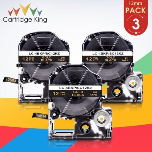3PCS 12mm Label Ribbon for Epson Gold on Black SC12KZ LK-4BKP Label Tape Cassette Compatible Epson LW-300 LW-400 LW-600P Printer