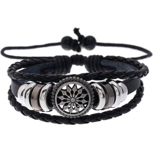 Vintage Retro Fashion Black Wrap Bracelet Adjustable Alloy Sun Flower Charm Braided Leather Bangle Wristbands Men Women Jewelry