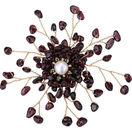 Yacq Women Natural Garnet Freshwater Pearl Cubic Zirconia Pin Brooch Pendant 2 in 1 Handmade Jewelry Flexible Copper Wire Gift
