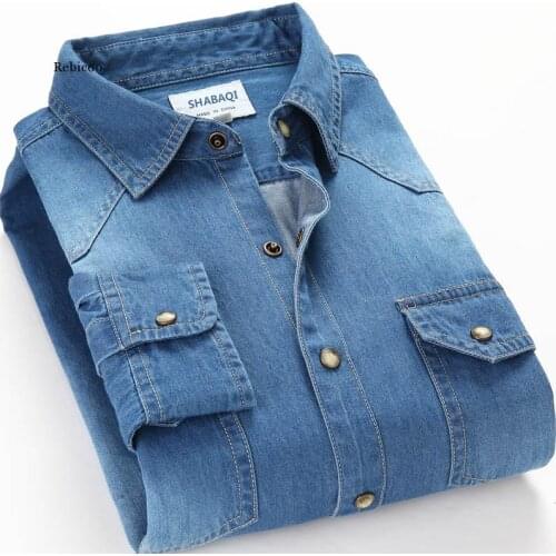 Spring Autumn Men Denim Thin Shirt Long Sleeve Soft 100% Cotton Two Pockets Slim Slight Elastic Jeans Cowboy 4Xl