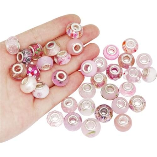Julie Wang 30PCS Pink European Beads Round Acrylic Resin Big Hole Spacer Beads Bracelet Jewelry Making Accessory
