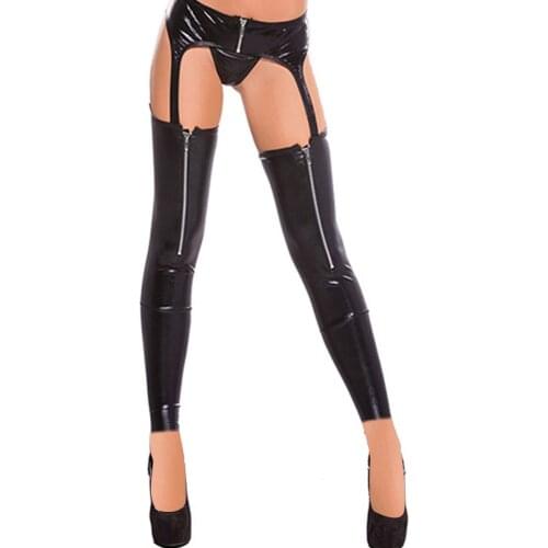 Leather Stockings Female Erotic Gothic Long Tights Front Zipper Open Stockings for Sex High Thigh Vinyl Women Sexy Size Material