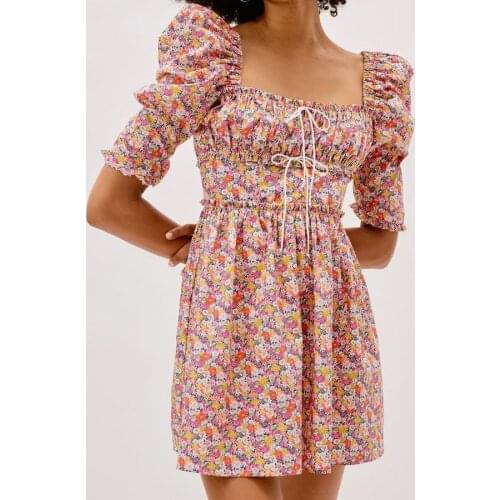 GypsyLady Floral Print Mini Dress Summer Party Chic Dress Women Puff Sleeve Backless V-neck Ruffles Tiered Sexy Ladies Dresses