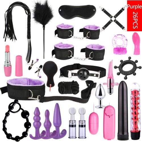 26PCS Bondage Set Sex Toys For Adults Women Men Porno Sex Handcuffs Nipple Clamps Whip Mouth Gag Rope Dildo Vibrator Erotic Toys