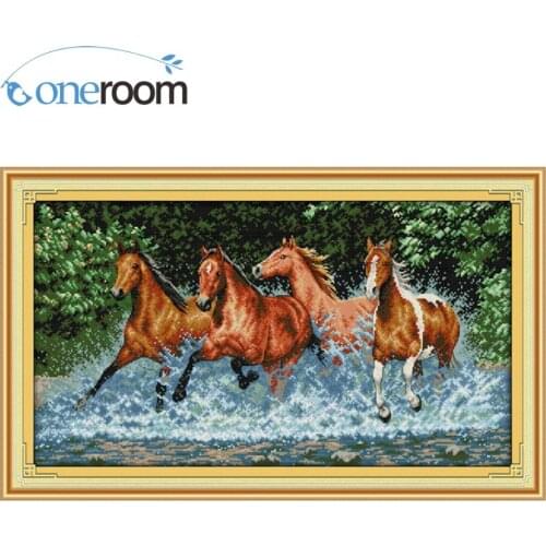 Oneroom Top Quality Lovely Counted Cross Stitch Kit four brown horses horse paddle with water river dim 35214 11 14CT D224