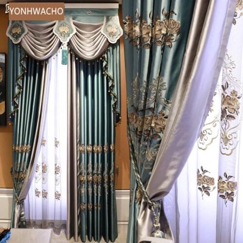 Custom curtain new modern stitching embroidered for villas luxurious blue cloth blackout curtain valance tulle panel C331