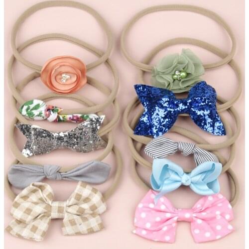 10pcs Childrens nylon rubber band headband European and American baby elastic bow tie head rope floral rabbit ear headband