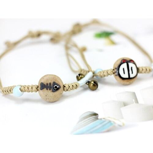 Cat and Fish Ceramic Bracelet Hand Painted Cat Eating Fish Weaving Small Bell Bracelet Simple Style Lovers Jewelry Birthday Gift