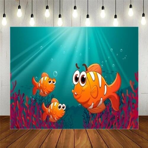 Photo Studio Props Vinyl Photography Backdrop For Kids Birthday Party Cartoon Underwater World Three Fishes Under The Sea Corals