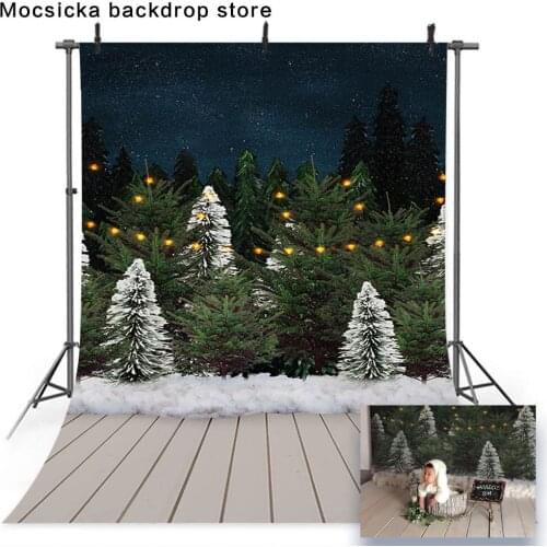 Christmas backdrop Pine forest newborn photography background snow white wood floor backgorund for photo studio x-mas party