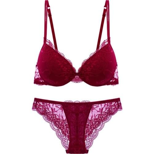 YANDW Sexy Women Lace Underwear Brief Bra Sets Embroidery Floral Hollow Panties Sexy Lingerie Push Up Bra Bralette Padded Thick