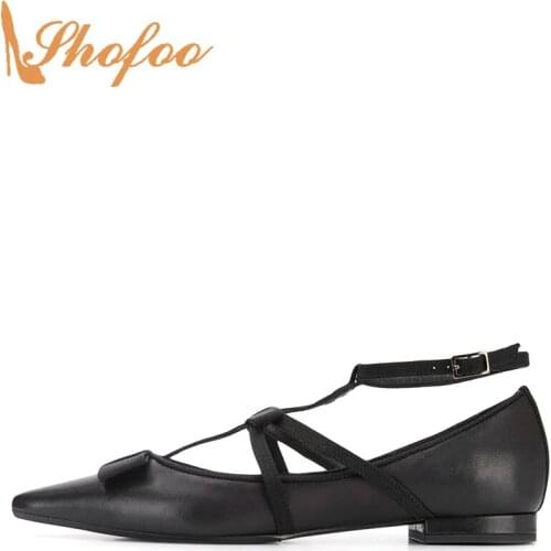 Black Multi Layer Flats Woman Pointed Toe Butterfly-Knot Buckle Large Size 12 15 For Ladies Summer Fashion Casual Shoes Shofoo