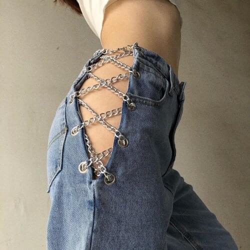 WOMENGAGA Hot Girl Chain Jeans Women 2021 Sexy High Waist Straight Wide Leg Pants Fashion Design Hollow Out Cowboy Pant 3PK7