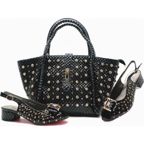 High quality black women Med shoes with big crystal decoration african shoes match a big handbag set for dress X15-1,heel 4.5CM