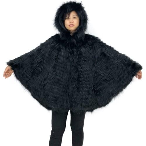 Womens winter jackets Real fox fur cape cloak Winter cape hooded large size Wool knitted lining QD.YISHANG