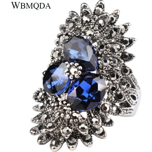 2 Colors Fashion Black Crystal Leaves Ring Silver Color Big Punk Rings For Women Bulgaria Jewelry
