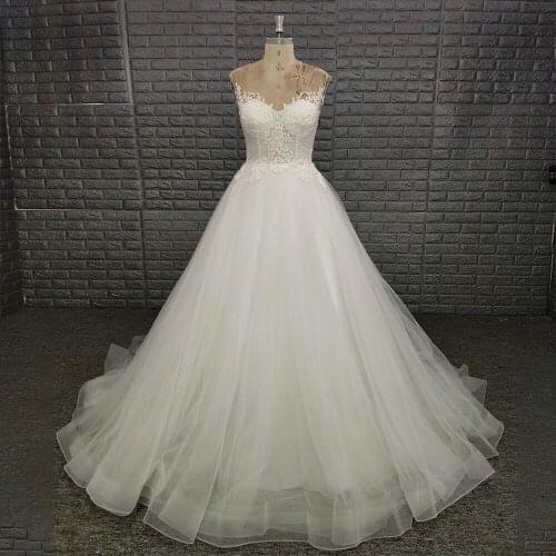 Real Picture Tulle Church Wedding Dress Detachable Sleeveless A Line Applique Pearls Backless Lady Mermaid Bridal Dress