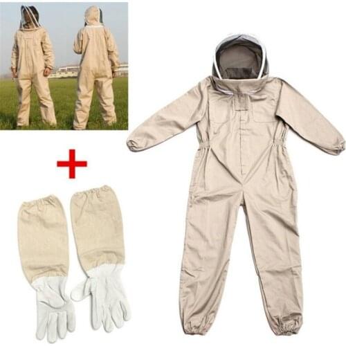 1Set New Professional Ventilated Full Body Beekeeping Bee Keeping Suit with Leather Gloves Coffee Color