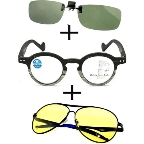 3Pcs!!! Progressive Round Anti Blu Light Reading Glasses Men Women + Polarized Sunglasses Pilot Night Vision + Sunglasses Clip