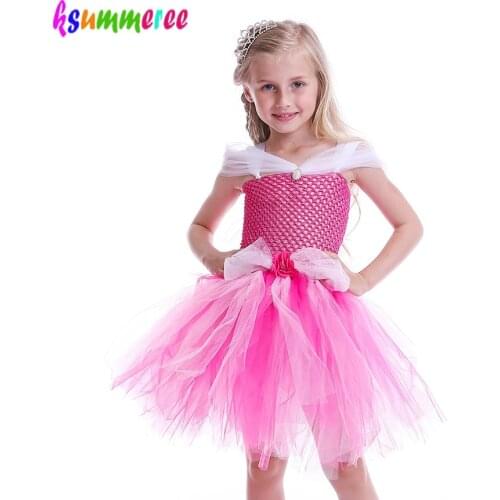 Kids Pink Sleeping Beauty Tutu Dress Girls Princess Rhinestone Wedding Costume Children Cosplay Halloween Carnival TUTU Clothing