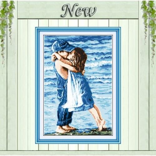 Lovers on seaside,Counted Printed on canvas 11CT DMC 14CT Cross Stitch Embroidery kit,needlework Set,childhood Girl and boy kiss