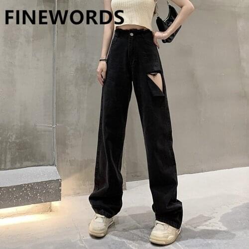 FINEWORDS High Waist Loose Big Hole Ripped Black Jeans Women Korean Streetwear Vintage Jeans Full Length Washed Straight Jeans