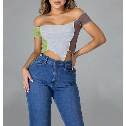 T-shirt Color Block Off Shoulder Blouse Women Short Sleeve Cutout Irregular Hem Slim Crop Top for Summer Crop Top Female Slim