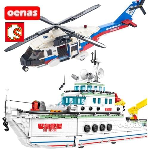 City Emergency services Rescue helicopter Boat Ship Building Blocks Brick assembled model Children toys Brinquedos Gift