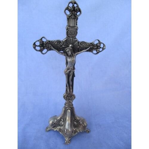 Collectible Old Handwork Tibet Silver Carved INRI Statue/Home Decoration Jesus cross Sculpture, High 9inch