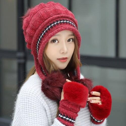 2 Pcs Winter Womens Hat Gloves Set Knitted Thicken Warm Plus Velvet Beanie with Hair Ball Female Gloves Suit for Ladies Girls