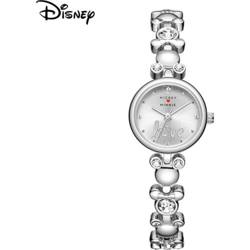 Disney Official Women Fashion Casual Metal Quartz Wristwatches Sun Pattern Rhinstone Tiny Case Gilrs New Male Gift Clock Silver