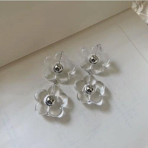 Fashion Transparent Flower Dangle Earrings 925 Silver Needle Long Earrings Women Personality Daily Jewelry Gifts
