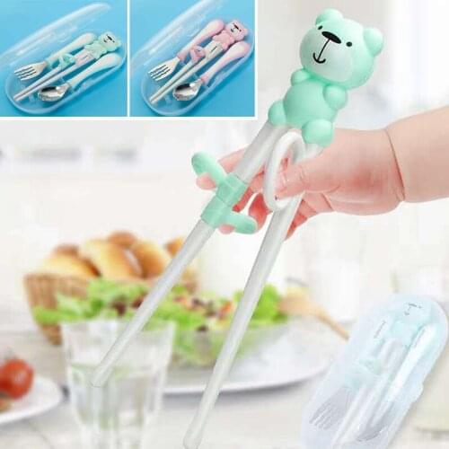 Cartoon Bear Children Spoon Fork Chopsticks 3pcs/Set Baby Feeding Stainless Steel Kids Eating Utensils Baby Things Baby Feeding
