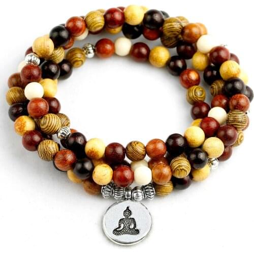 Natural 6mm Mix Wood Beads Women Handmade Jewelry Multi-layer Lotus 108 Prayer Beaded Bracelets Men Mala Yoga Bracelet