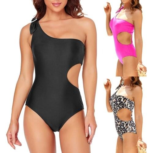2021 New Girl Plain Swimsuits One Shoulder Cut Out One-piece Swimsuit Women Beach Solid Brown Bathing Suit Swimwear
