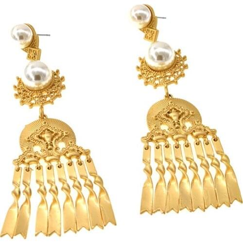 New Baroque Pearl Drop earrings for women Vintage Jewelry Matte Gold Carving Dangle Earrings Chain Tassel pendant Earrings