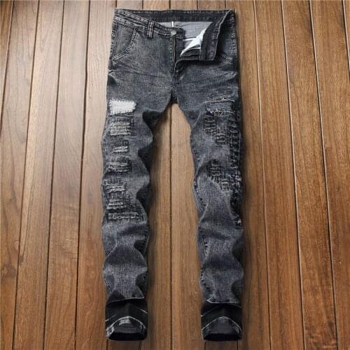 New Men Ripped slim vintage gray Straight Biker Jeans Streetwear holes Distressed Casual Joggers Biker Denim pants Plus Size 42