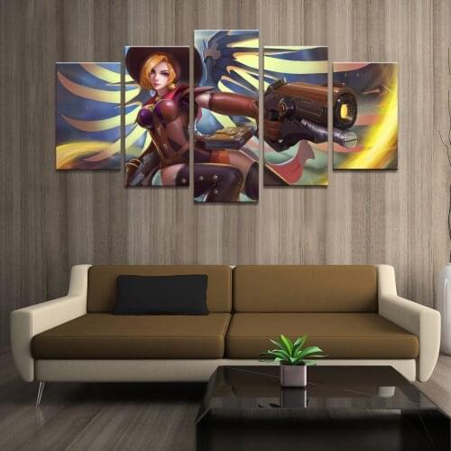 Home Decor Poster Art Pictures Prints Canvas 5 Piece Modular Witch Mercy Overwatch Game Living Room Decorative Painting Framed