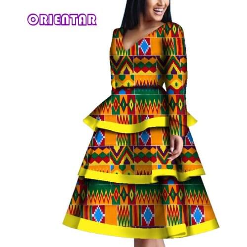 Elegant Women African Dresses A-line Long Sleeve V-neck High Waist Ankara Dress Dashiki African Print Clothes Plus Size WY3621