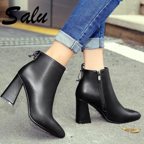 Salu Brand New Autumn Boots Women Genuine Leather Ankle Boots Fashion Solid Zipper Shoes Woman Pointed Toe Chelsea Boots