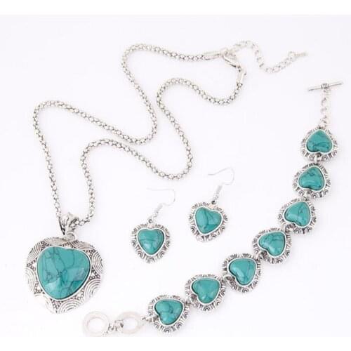 Silver Plated Stackable Love Heart Green Turquoises Stone Pendant Necklace Earrings Bracelet Romantic Style Jewelry Sets