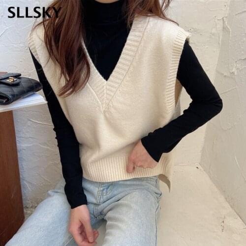 SLLSKY Womens Fashion Solid V-Neck Knitted Vest Loose Casual Sweet Sleeveless Pullover Sweater 2020 Soft Spring Autumn Tops