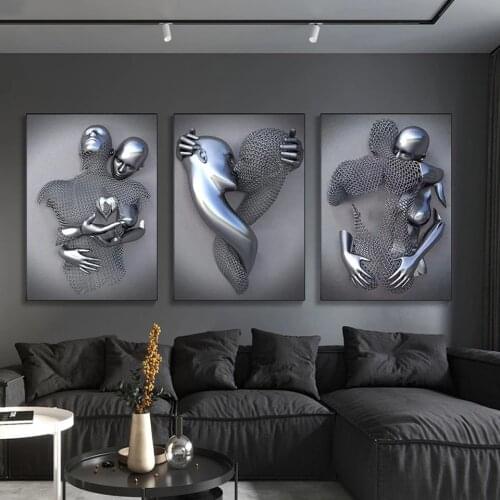 Triptych Modern Abstract Lovers Heart Metal Sculpture Art Diamond Painting Romantic Statue Diamond Embroidery 3pcs X146